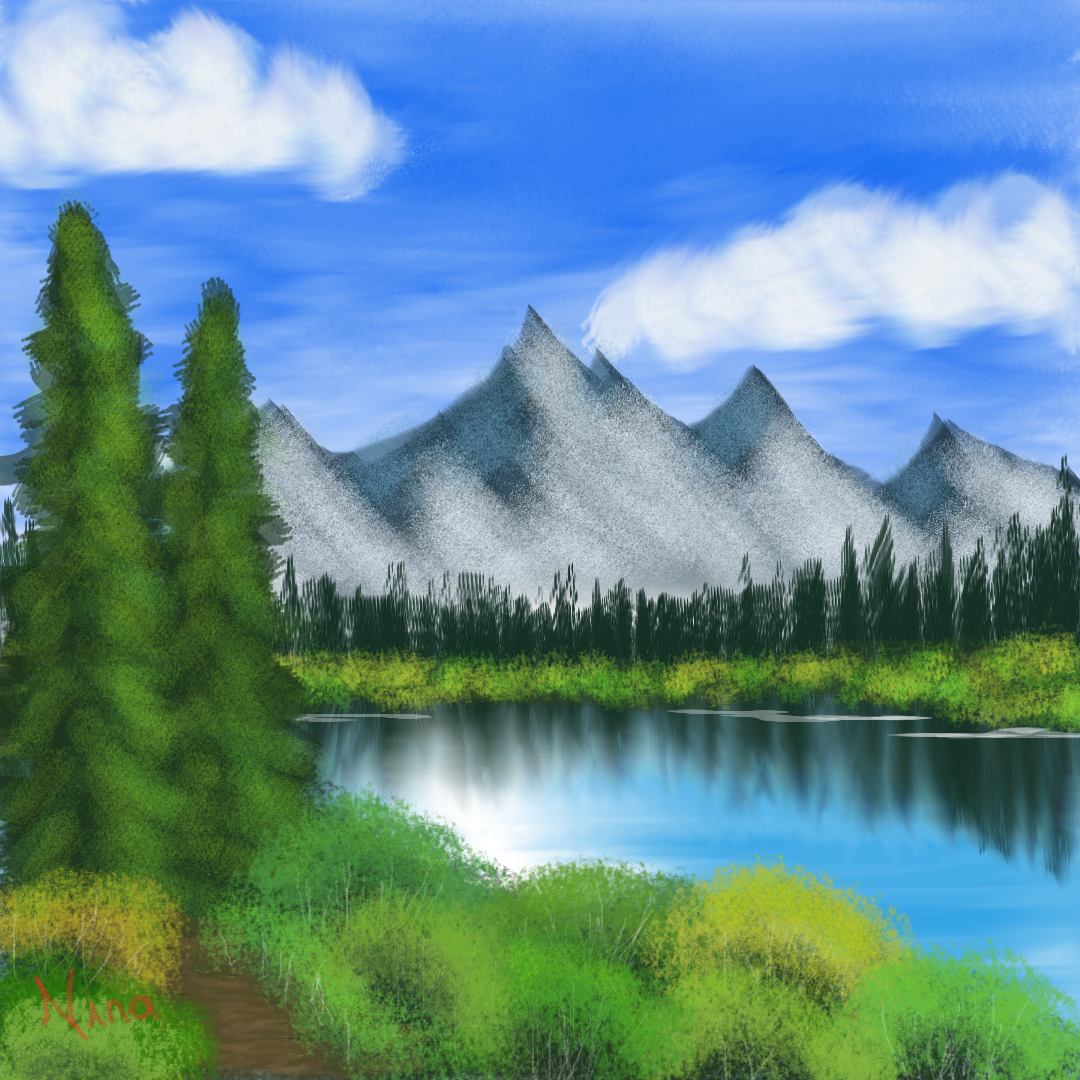 a digital painting based on Bob Ross' Distant Mountains. the scene is of a sunny day, a distant mountain range with a small pine forest at its base across a large lake. the viewer is placed on the near side of the lake on a small dirtpath bordered by bright bushes and some tall pine trees.